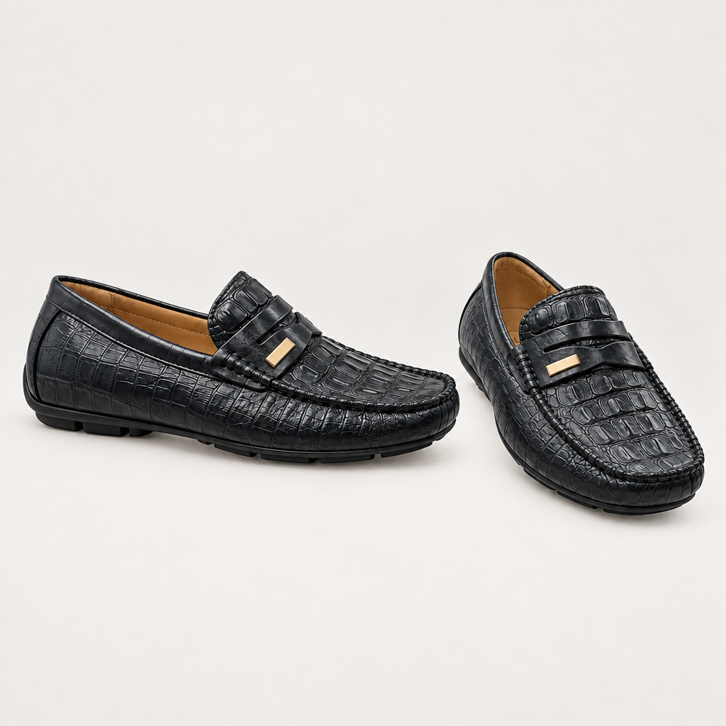 Black croc-textured loafers with gold-tone detail, pair views