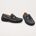 Black croc-textured loafers with gold-tone detail, pair views