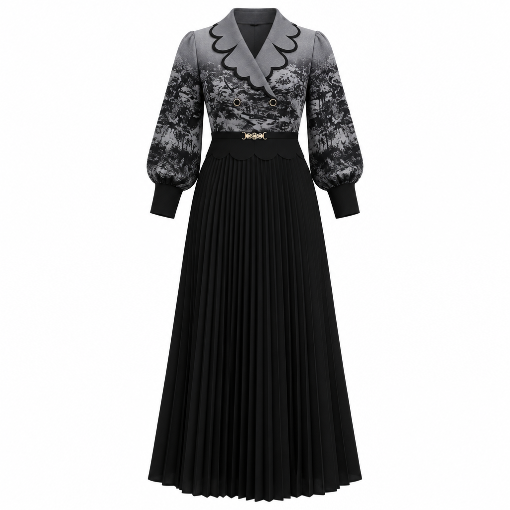 Black scallop-collar pleated dress on white background