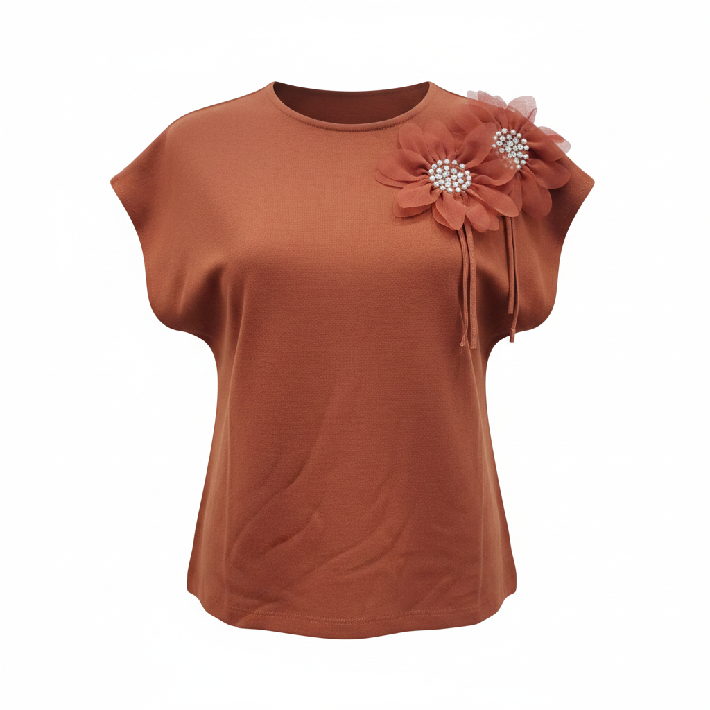 Girls rust 3D flower appliqué top ghost mannequin view