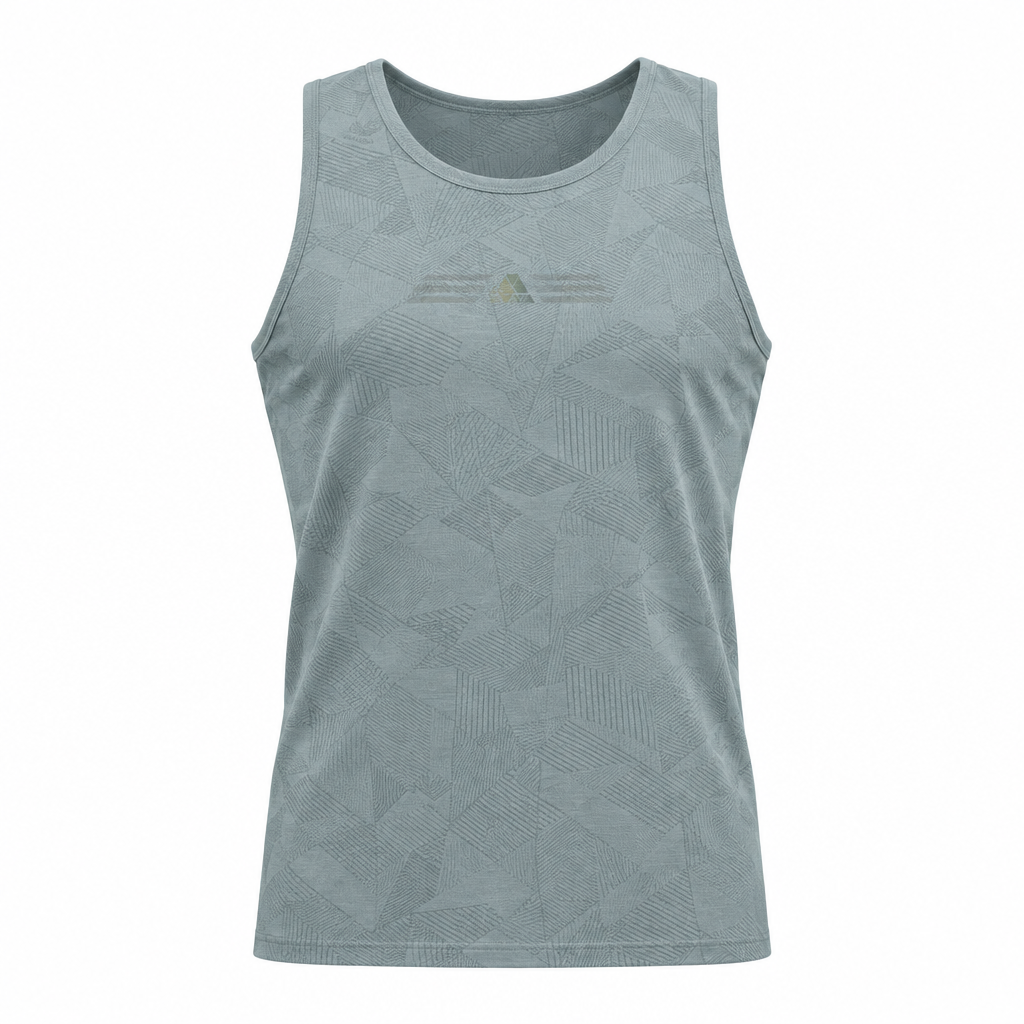 Grey-green tonal geometric tank top on white background