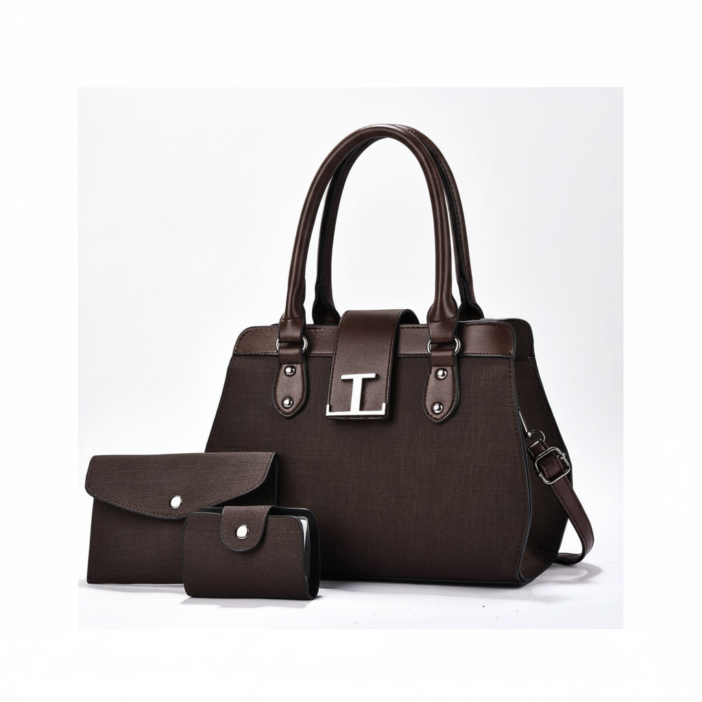 Dark chocolate brown structured tote bag set with clutch and card holder on white background