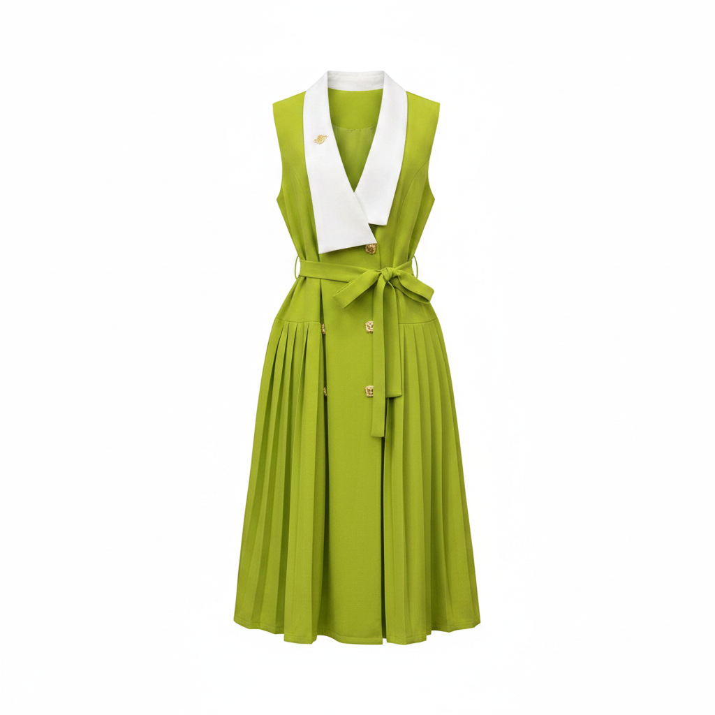 Women's sleeveless white-collar belted pleated midi dress in lime green – ghost mannequin front view
