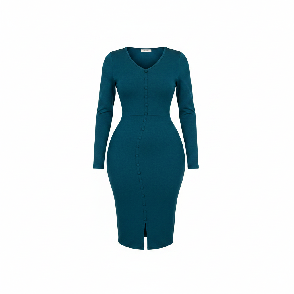 Ghost mannequin view of Women's Teal Long-Sleeve Bodycon Midi Dress