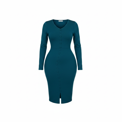 Ghost mannequin view of Women's Teal Long-Sleeve Bodycon Midi Dress