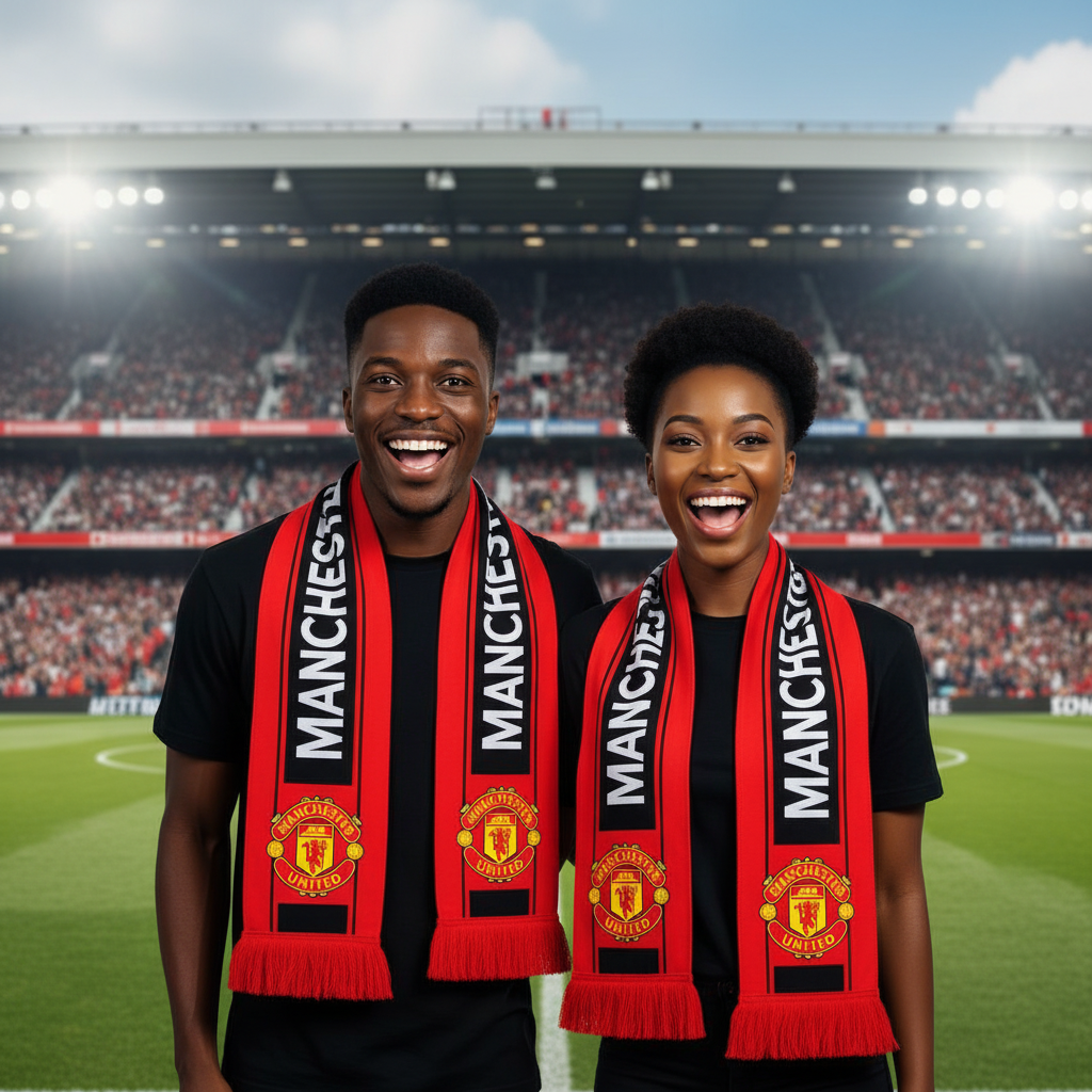 Male and female models wearing red and black football fan scarf at stadium