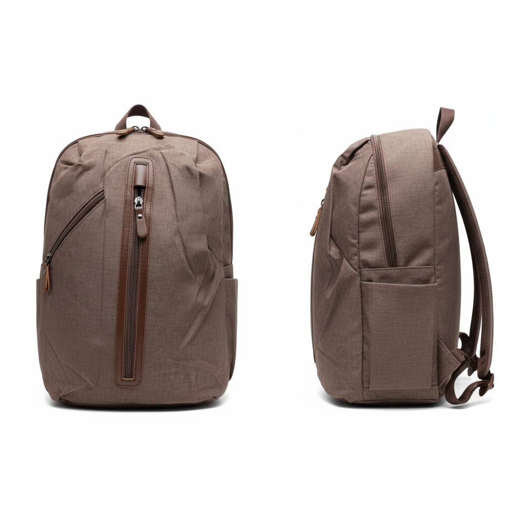 Ghost mannequin style canvas cloth backpack catalog shot, front and side view