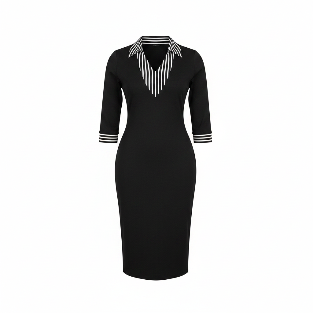 Women's Black Stripe-Collar 3/4-Sleeve Fitted Midi Dress – Ghost Mannequin Front View