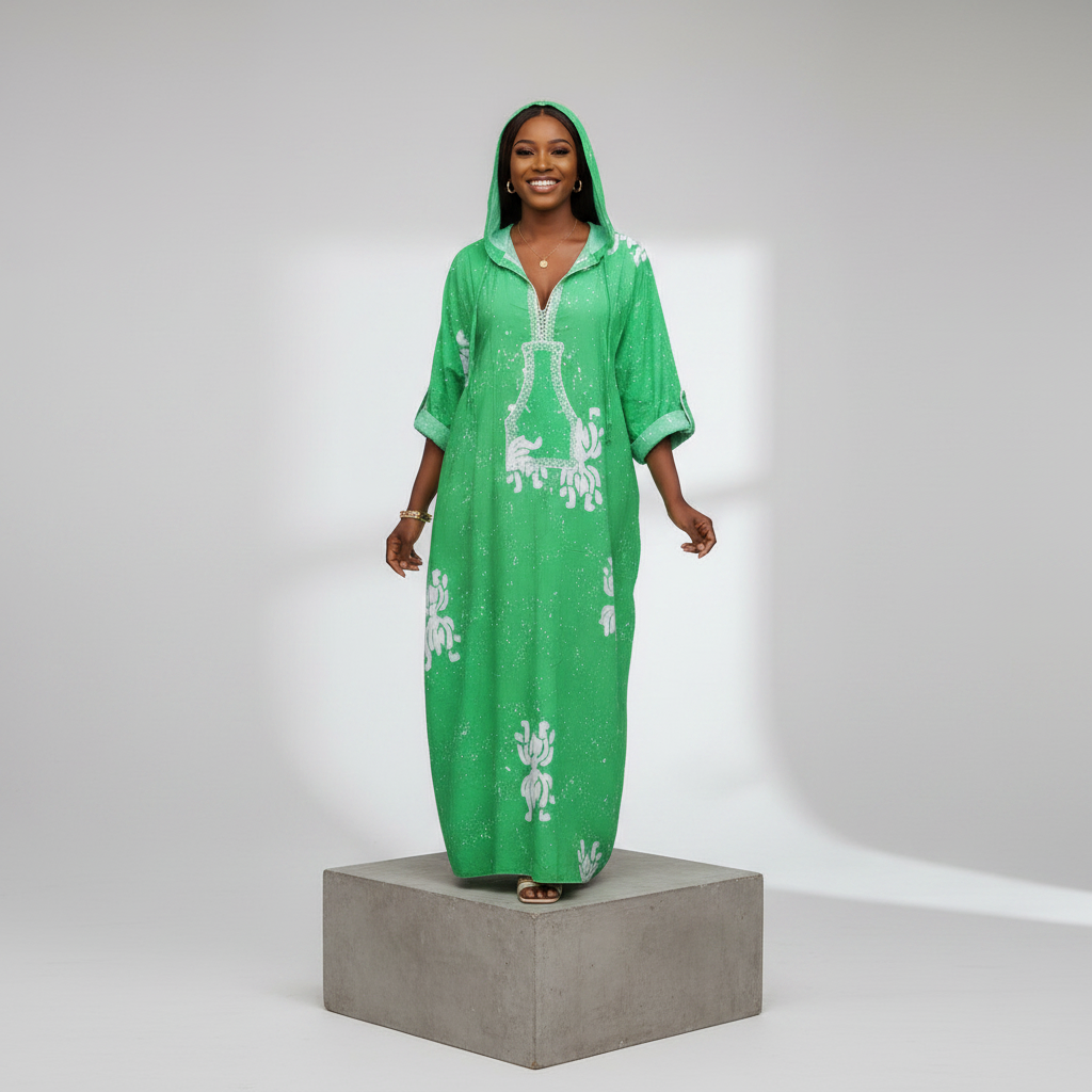 Nigerian female model wearing Green Adire Floral Hooded Long Bubu Gown