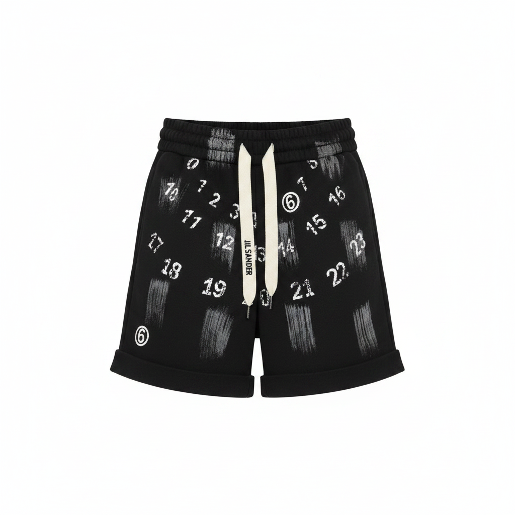 Ghost mannequin front view of black fleece drawstring shorts with white scattered number digit print and brushstroke overlay