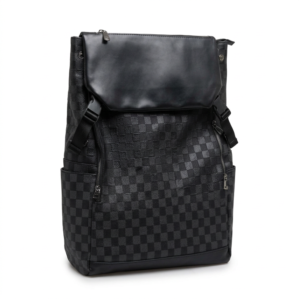 Black checker-textured twin-buckle backpack on white