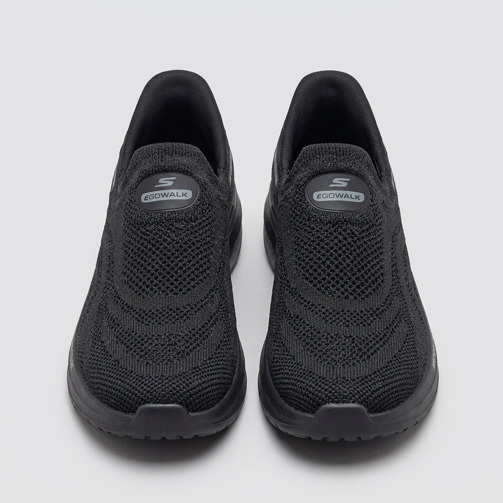 Men's black knit slip-on sneakers with chunky soles, front view