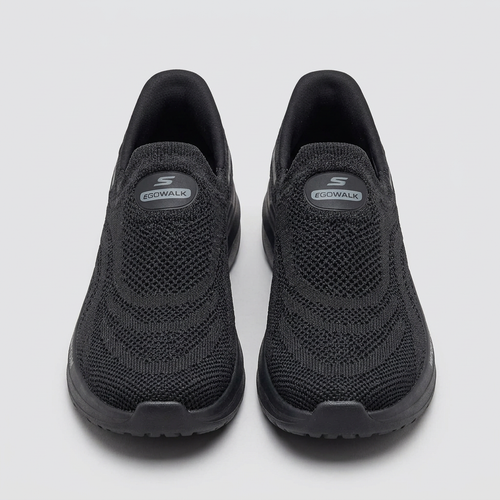 Men's black knit slip-on sneakers with chunky soles, front view