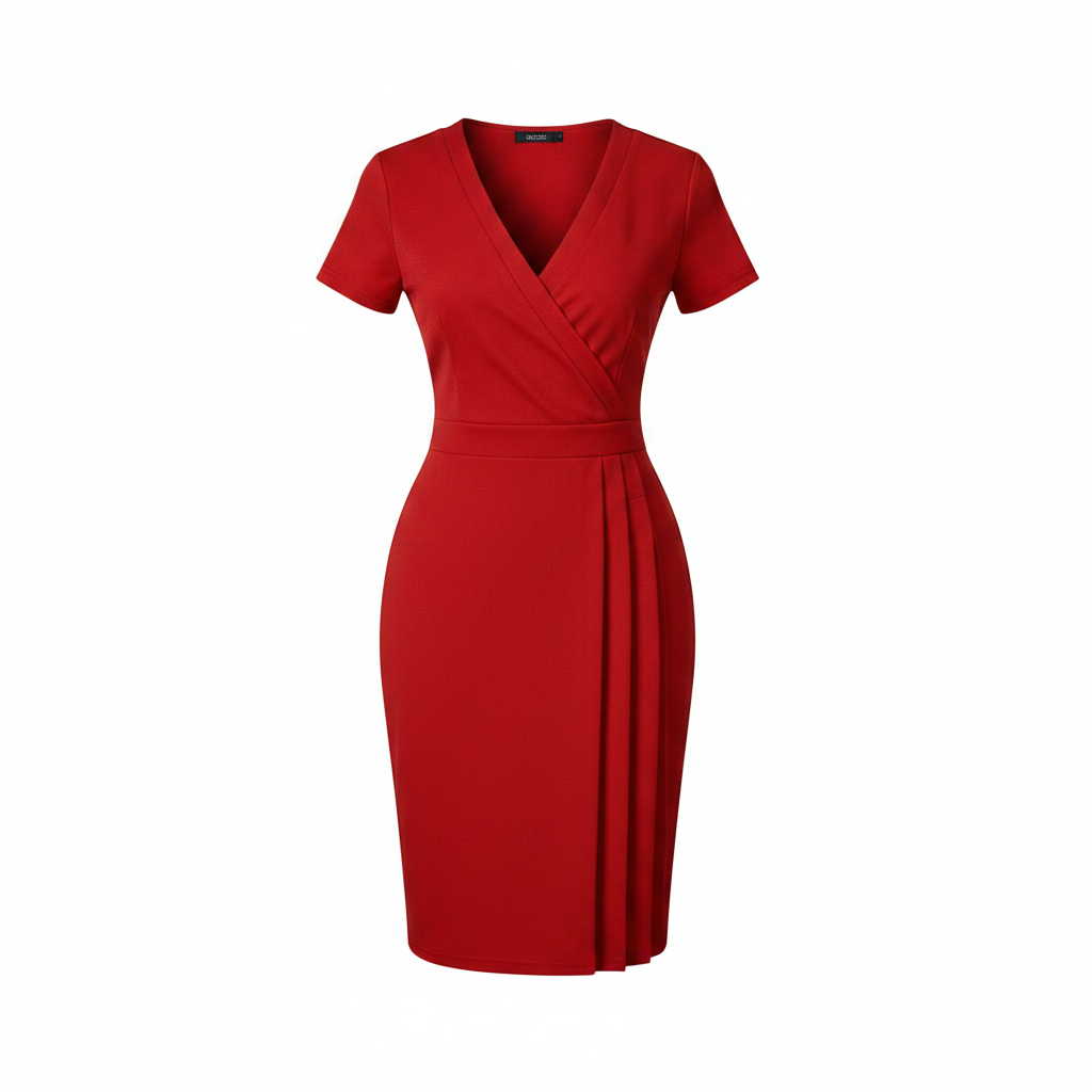 Women's Red V-Neck Wrap-Front Pleated Bodycon Midi Dress - Ghost Mannequin