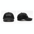 Black F426 varsity graphic embroidered baseball cap ghost mannequin front and side view
