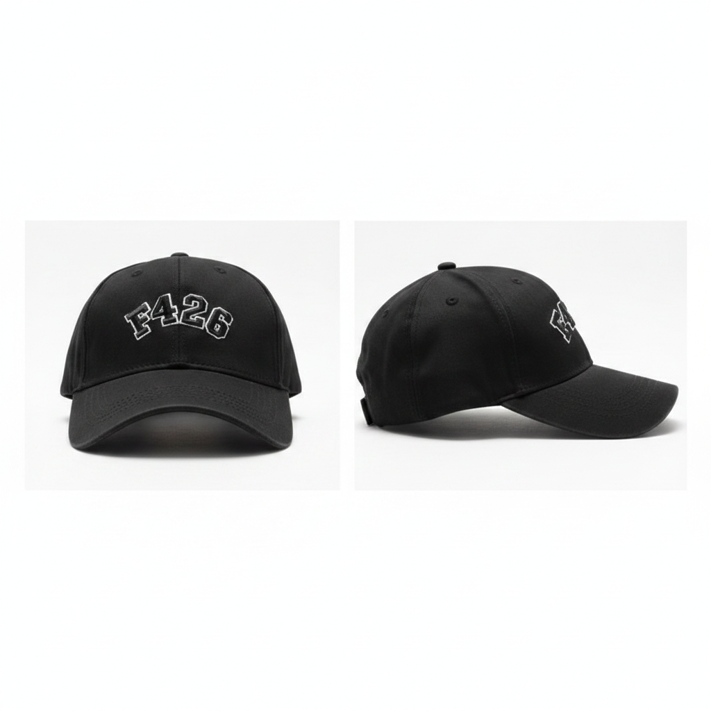 Black F426 varsity graphic embroidered baseball cap ghost mannequin front and side view