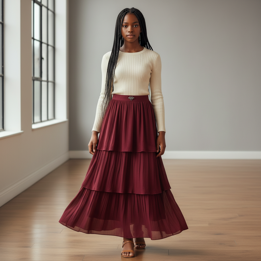 Nigerian teenage girl wearing burgundy tiered chiffon maxi skirt