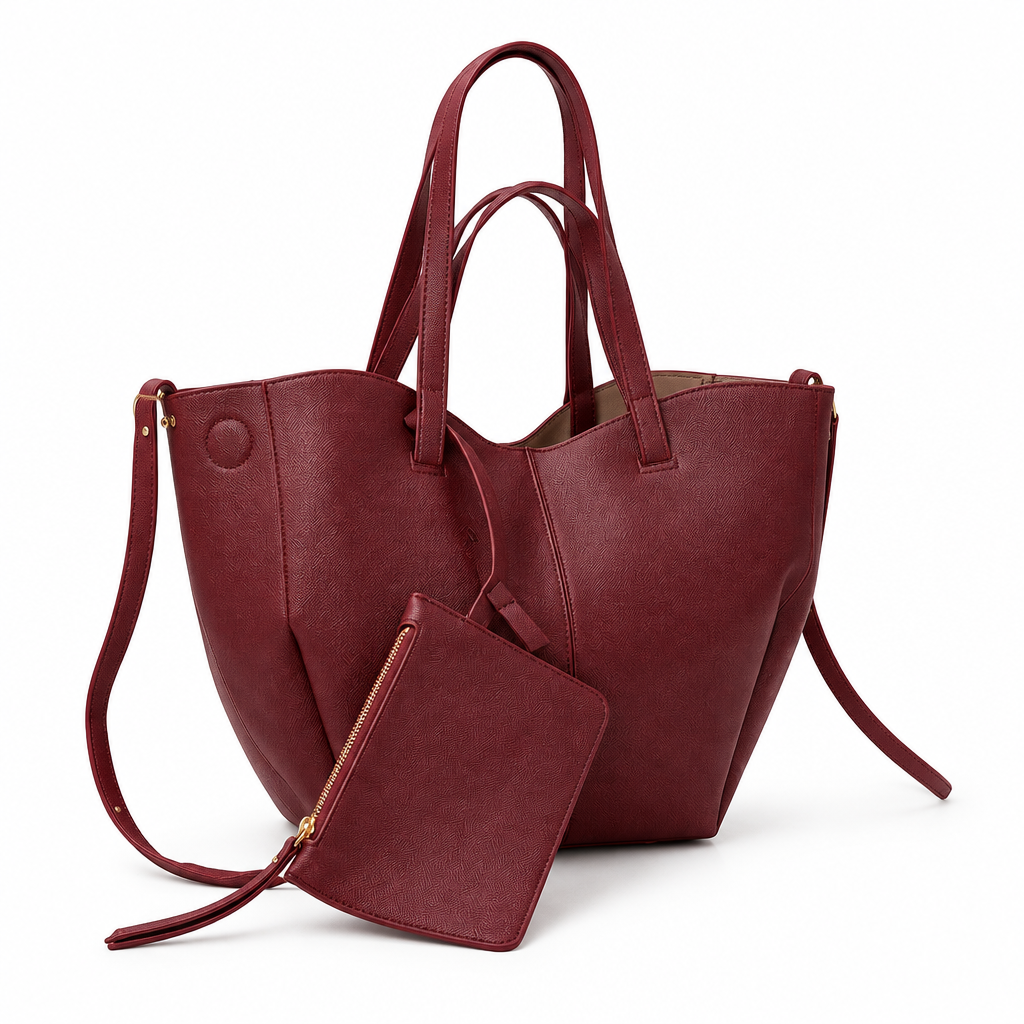 Burgundy sculptural tote and matching zip pouch on white