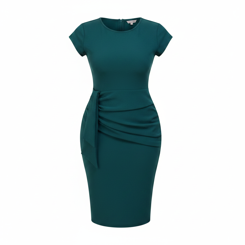 Ghost mannequin view of women's teal green side knot ruched bodycon midi dress