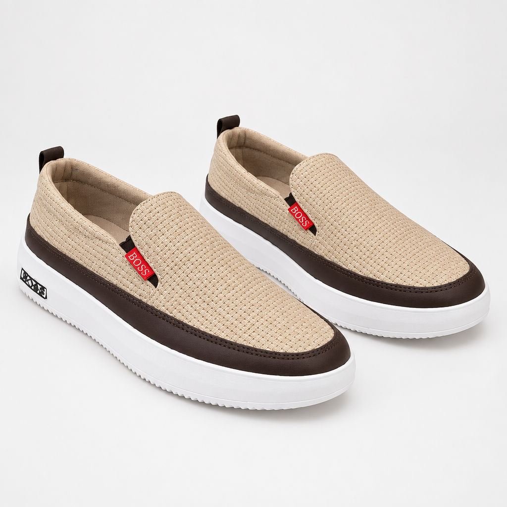 Beige textured slip-on shoe pair on a clean background