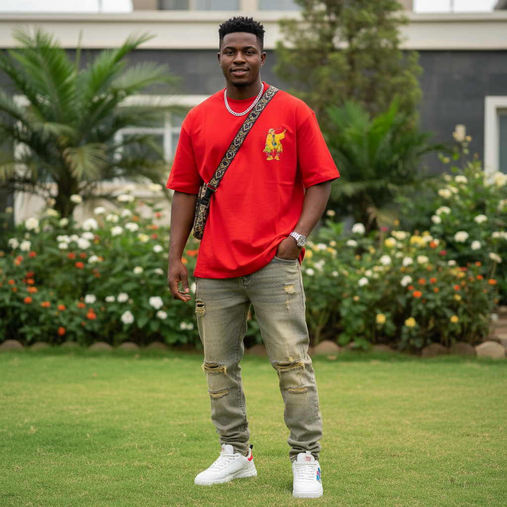 Nigerian male model wearing red pop-art streetwear character graphic tee – front view