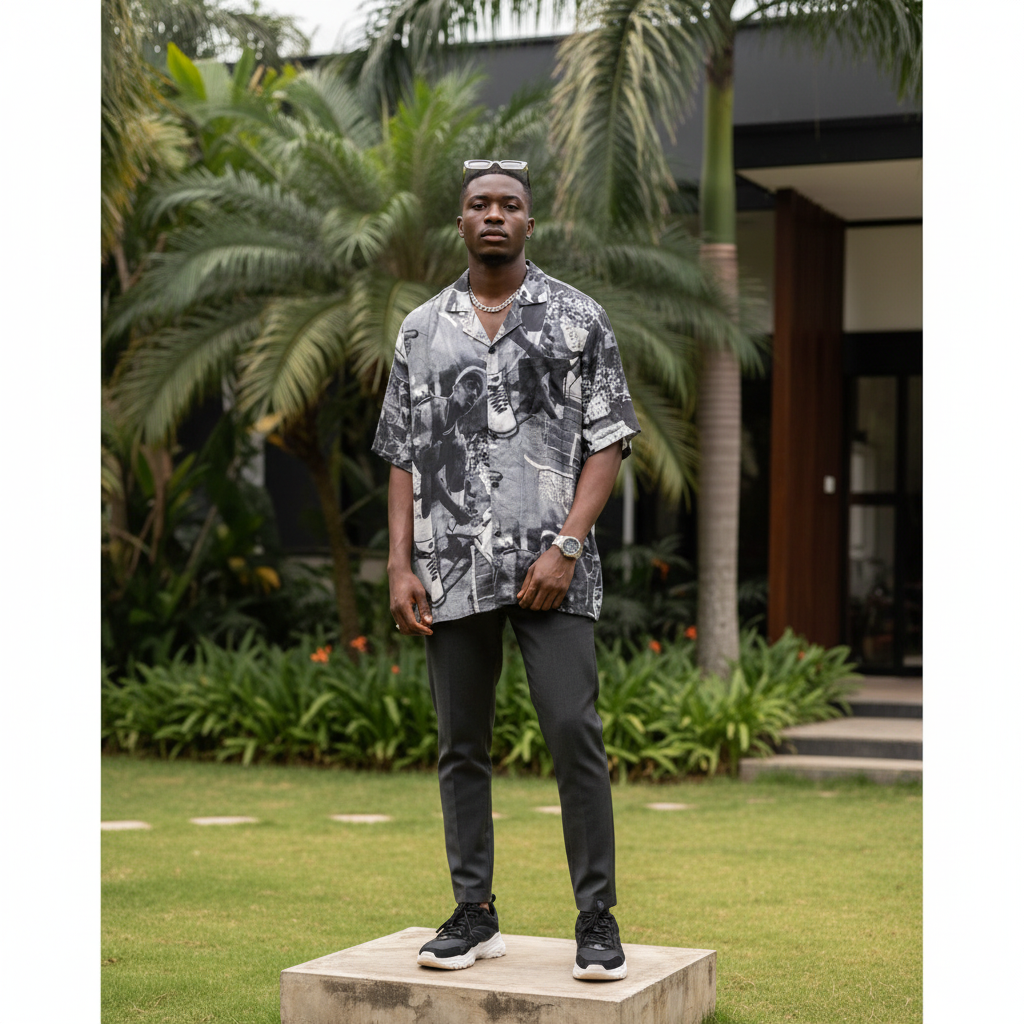 Nigerian male model wearing vintage collage graphic Cuban collar shirt — full body street style