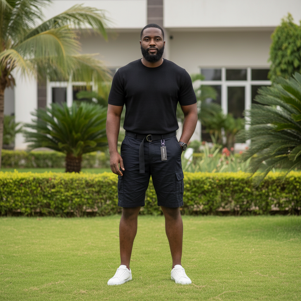 Nigerian male model wearing navy blue multi-pocket D-ring belt cargo shorts