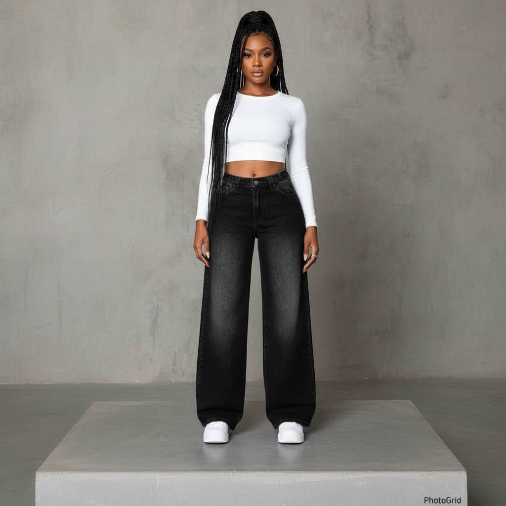 Black Washed Wide-Leg Jeans – Front Model