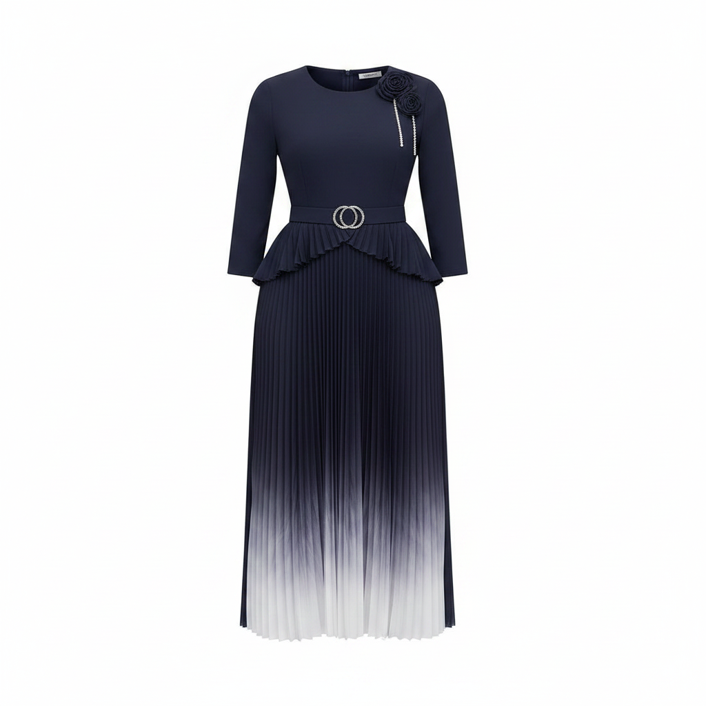 Navy to white ombre pleated midi gown with 3D flower corsage and silver belt, ghost mannequin view