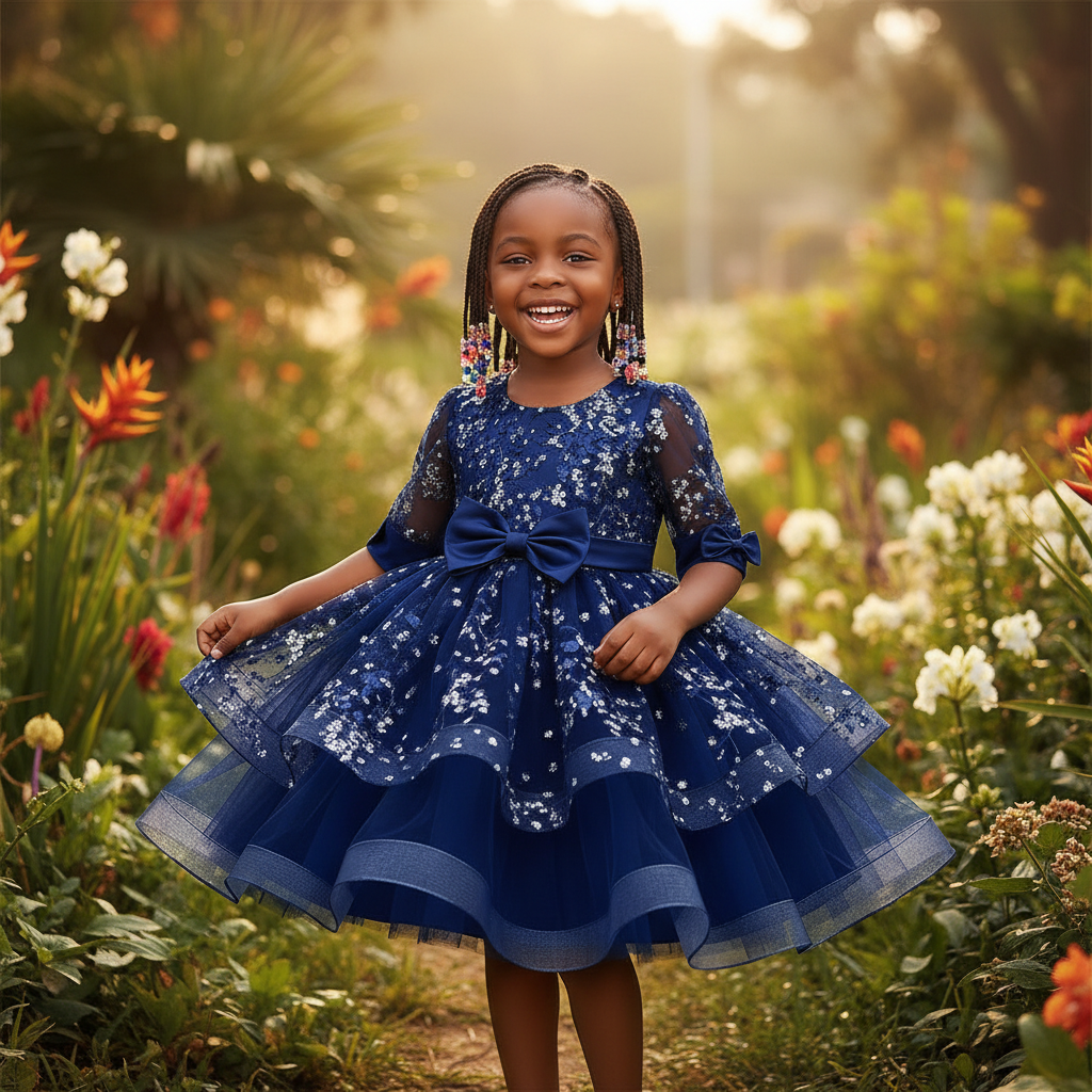 Young Nigerian girl wearing navy sequin tiered tulle sleeve party dress