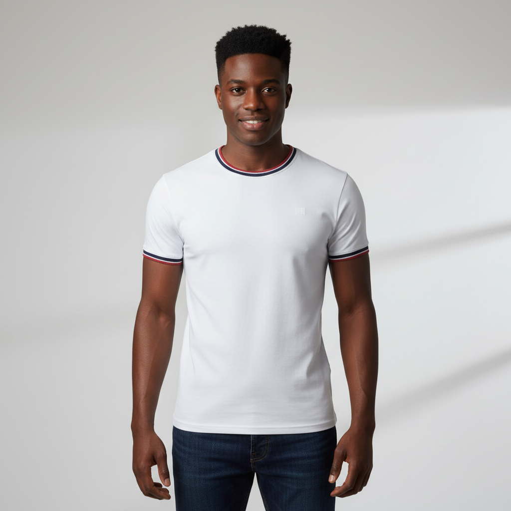 White Tipped Crew Neck Tee – Front Model