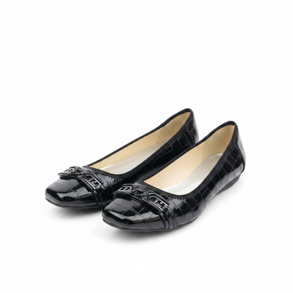 Women's black croc flat pumps with bar buckle – ghost mannequin pair