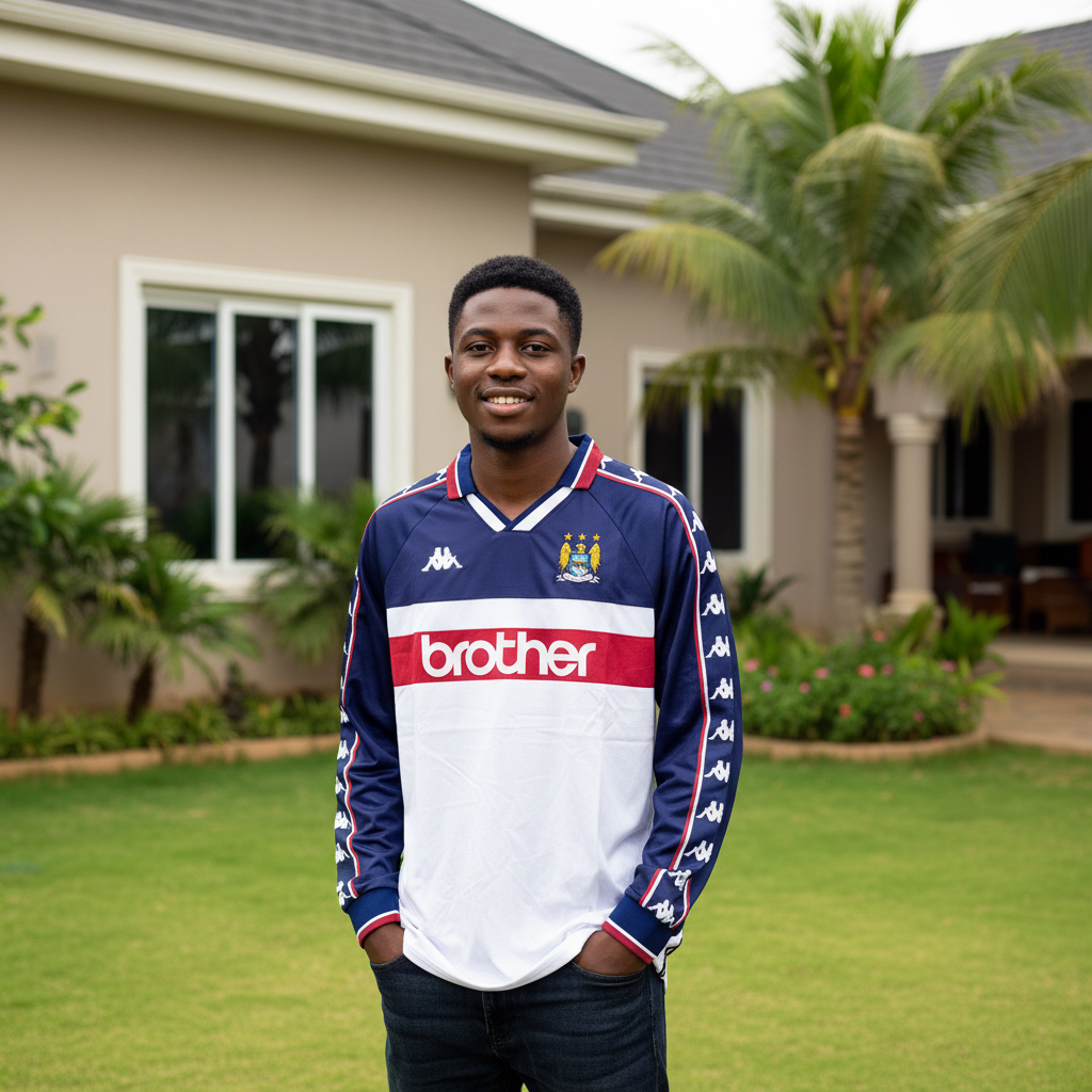 Navy and white long-sleeve retro football jersey with crimson sponsor band — Nigerian male model front view