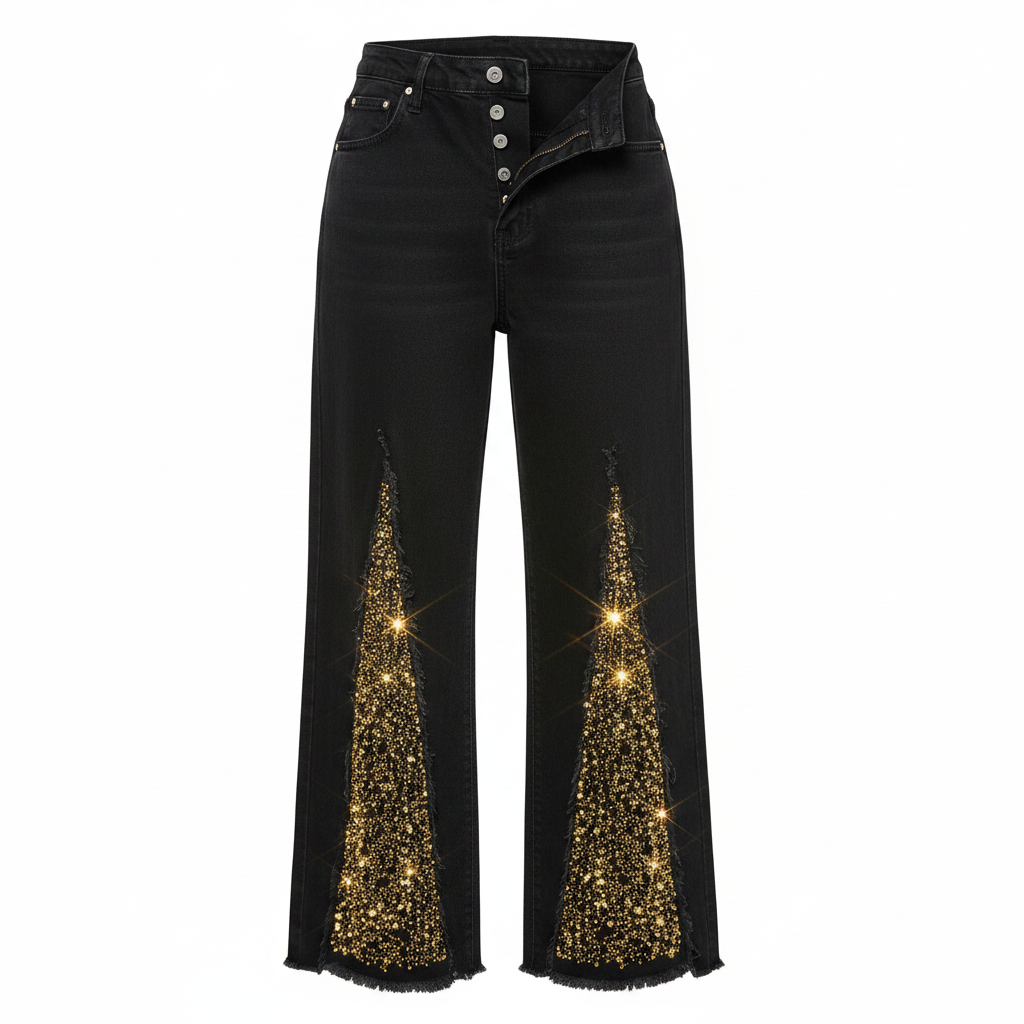 Women's black high-waist wide-leg gold rhinestone embellished denim jeans on ghost mannequin, white background
