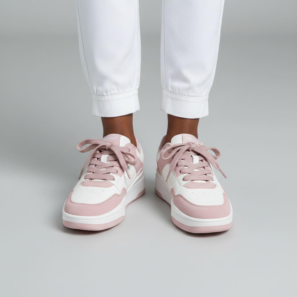 Women's White & Pink Two-Tone Platform Sneaker - Model Editorial Leg Zoom