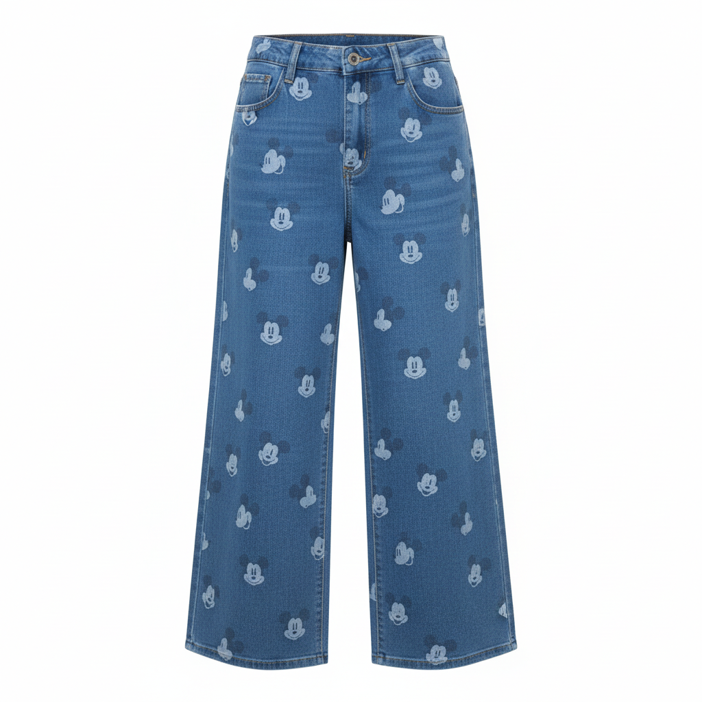 Women's Mid-Blue Cartoon Face Print Wide-Leg Jeans – Ghost Mannequin View