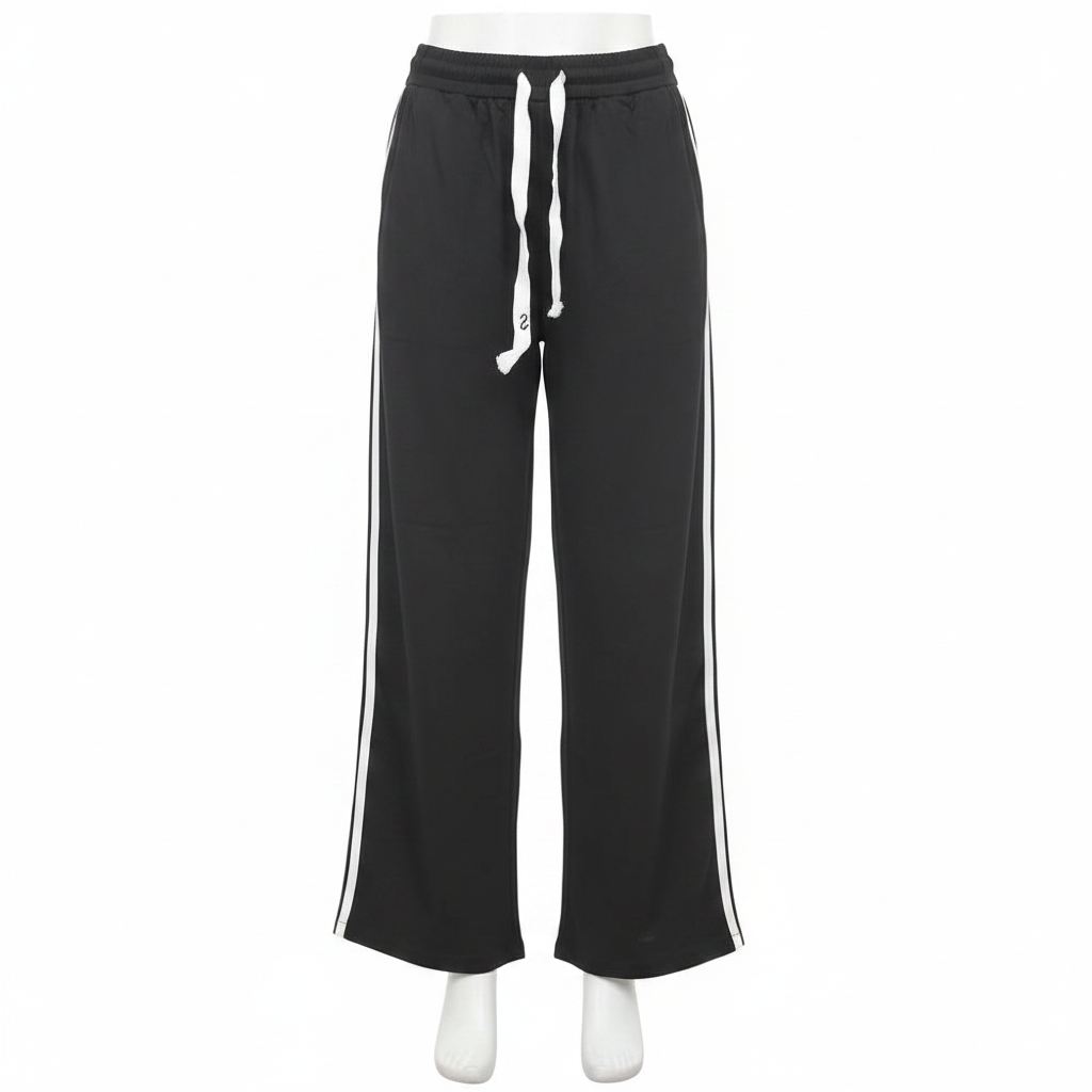 Women's black wide-leg drawstring white side stripe trousers - ghost mannequin front view