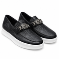 Black croc-embossed medallion loafer sneakers pair