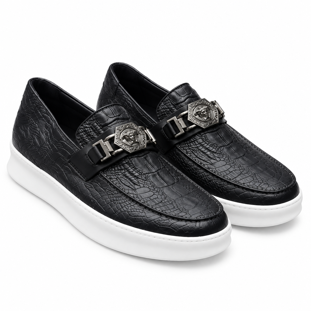 Black croc-embossed medallion loafer sneakers pair