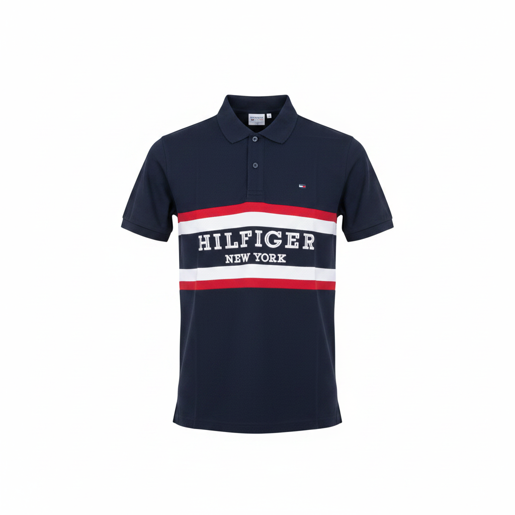 Men's navy blue red white stripe New York print short-sleeve polo shirt - ghost mannequin front view