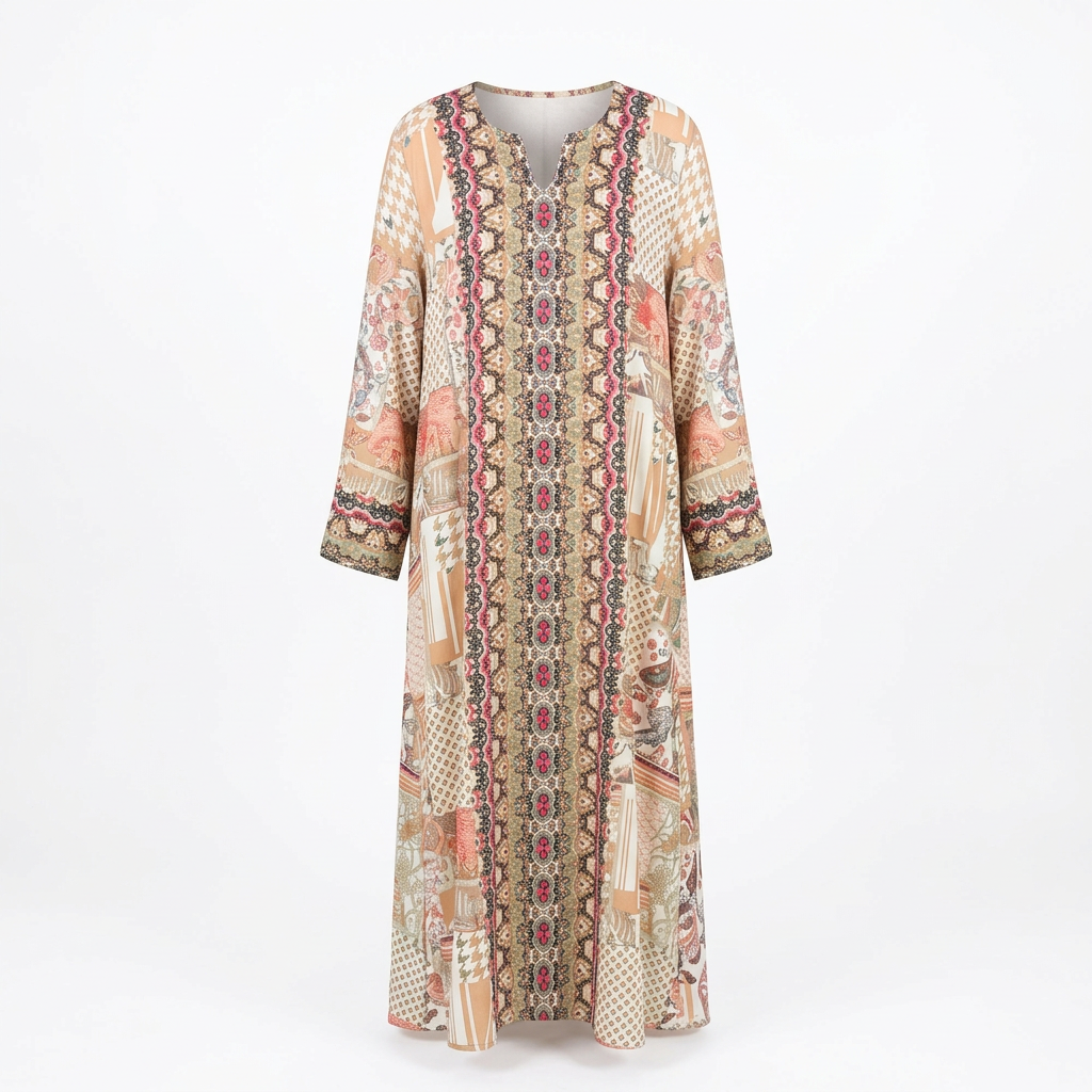 Cream-and-peach ornate-border abaya with corrected shallow neckline on an invisible mannequin