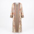 Cream-and-peach ornate-border abaya with corrected shallow neckline on an invisible mannequin