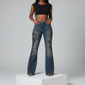 Blue Rhinestone Floral Flare-Leg Denim Jeans - Model Front