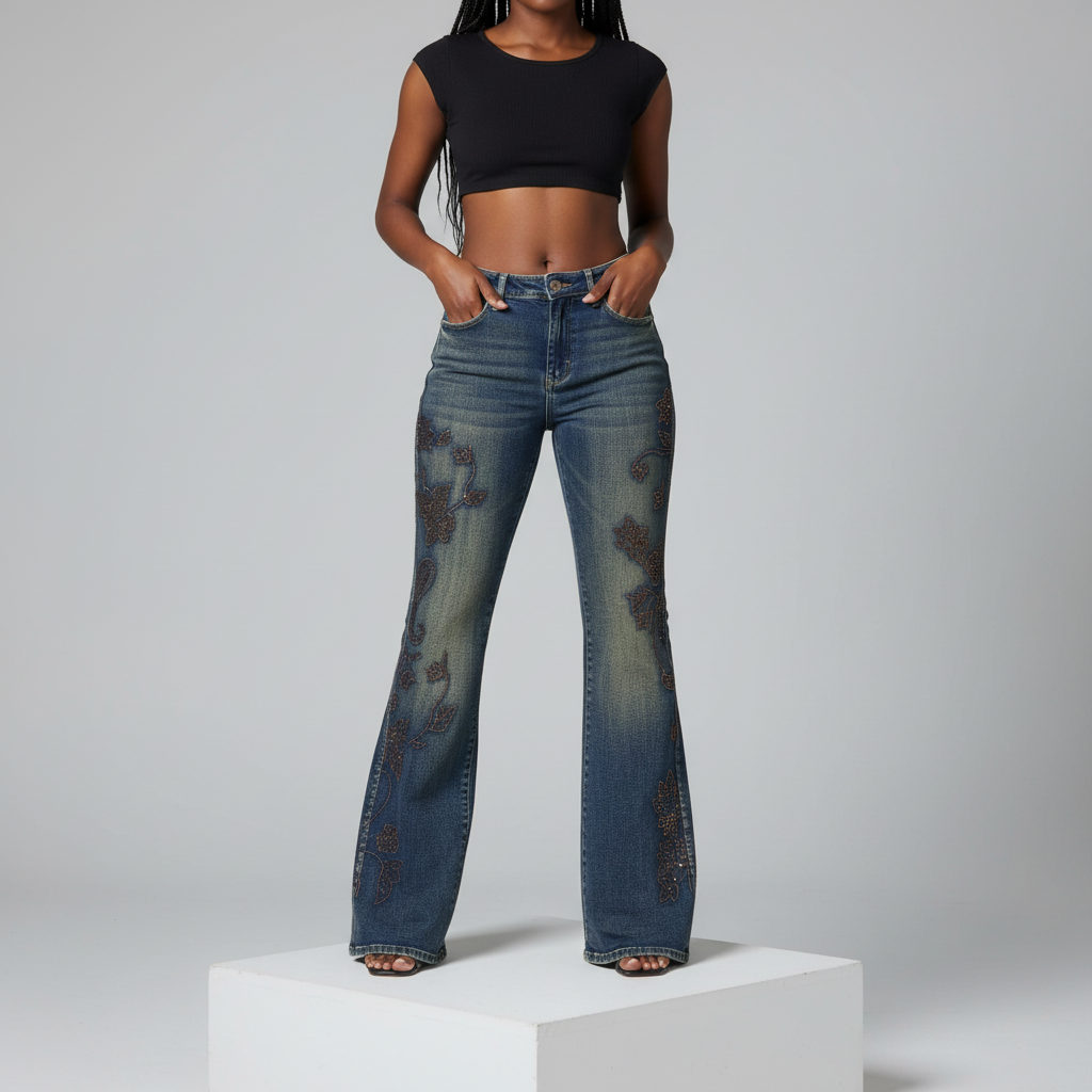 Blue Rhinestone Floral Flare-Leg Denim Jeans - Model Front