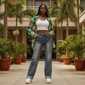 Women's blue rhinestone oval monogram wide-leg flare jeans — Nigerian female model lifestyle shot