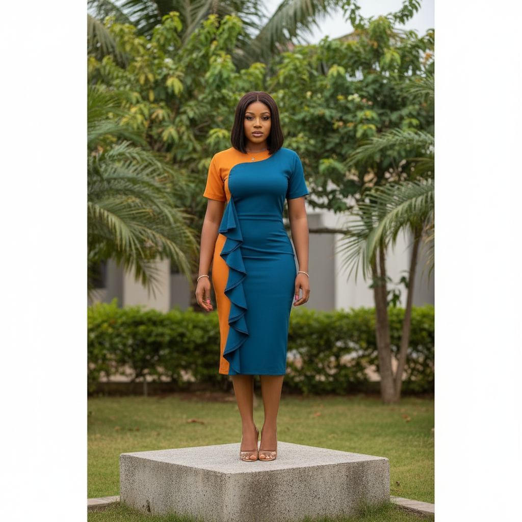 Women's Teal & Orange Colour Block Asymmetric Ruffle Midi Dress – Nigerian Female Model Shot