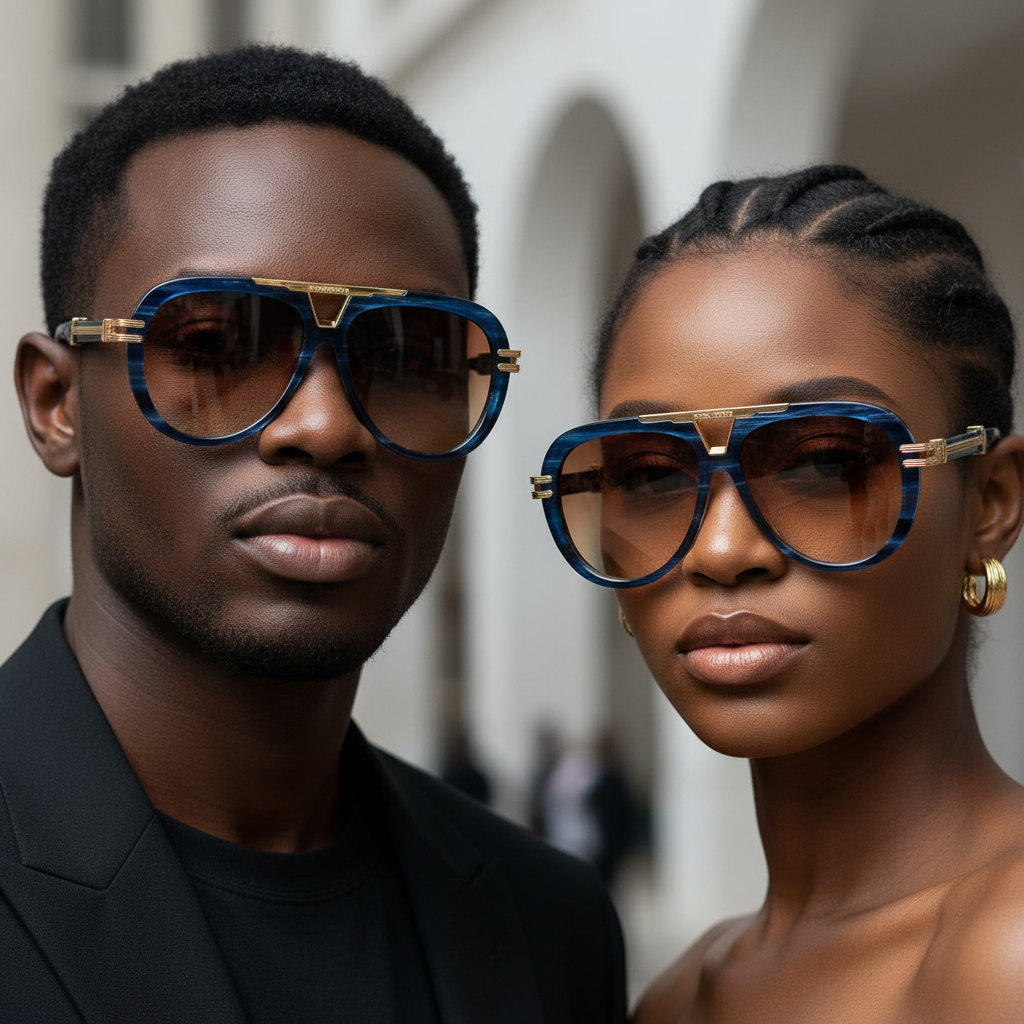 Nigerian male and female models wearing oversized aviator sunglasses blue marble frame gradient amber brown lens gold bar bridge hardware