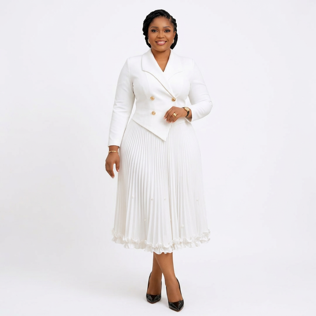 Black adult model wearing a white asymmetric-lapel pleated midi gown