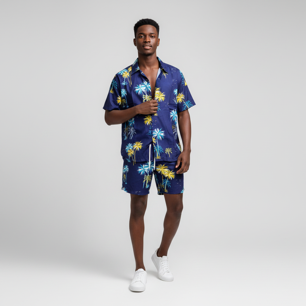 African Nigerian male model wearing men's navy blue tropical palm tree print beach co-ord set