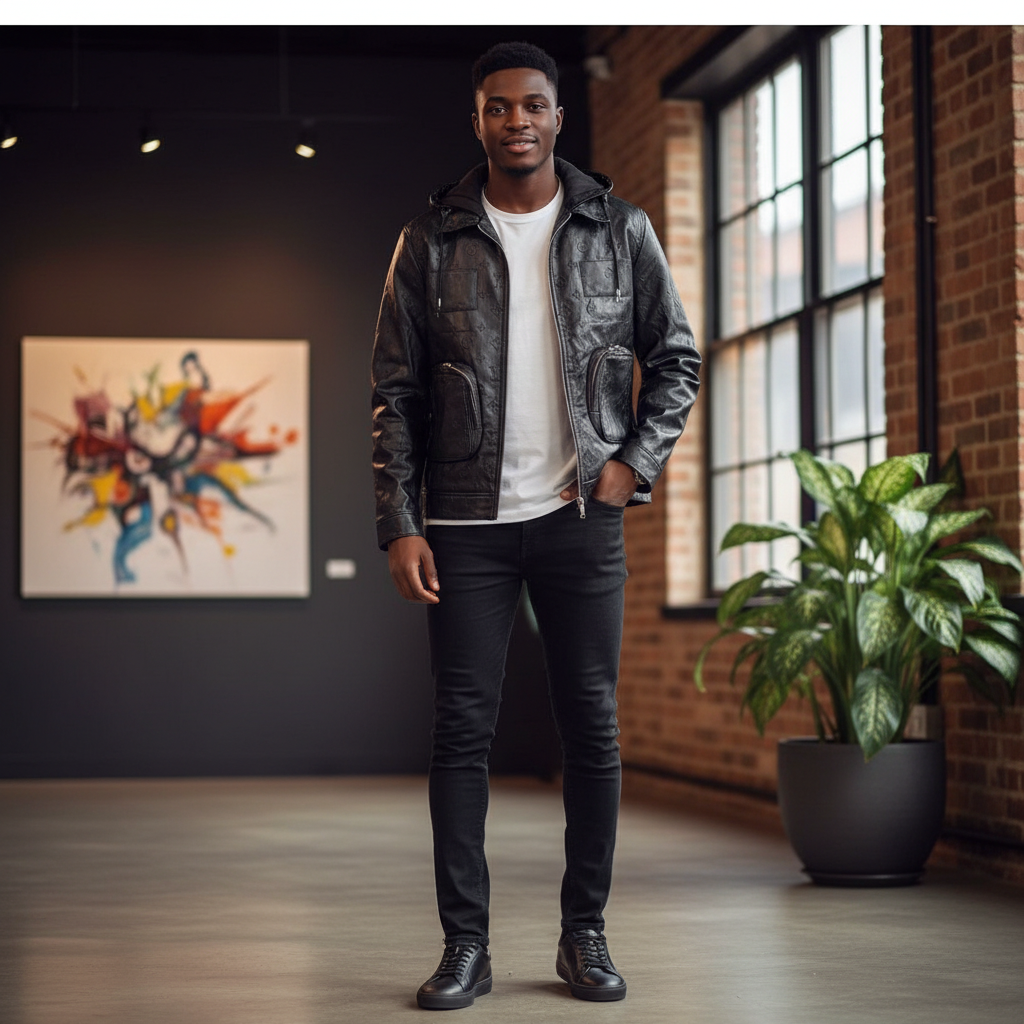 Black Monogram Embossed Leather Zip-Up Jacket – Model Shot
